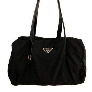 Vintage Prada Zip Satchel Tessuto in Black with Patent Leather Handles